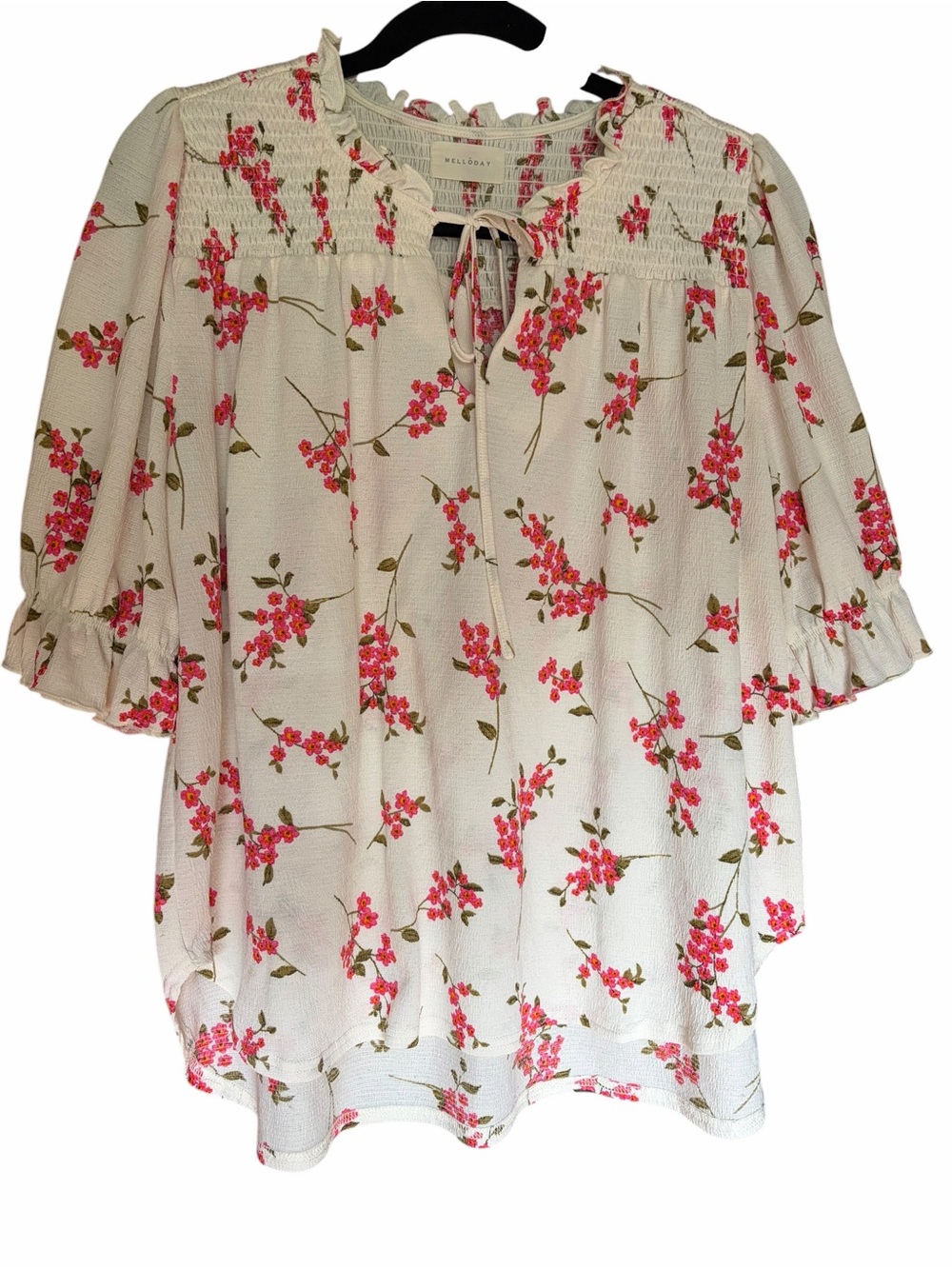 MELLODAY White Boho Tunic with Pink Floral Smocked Yoke